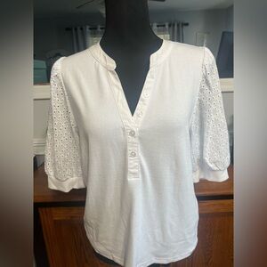 DKNY Women's White Eyelet Short Sleeve Top NWT